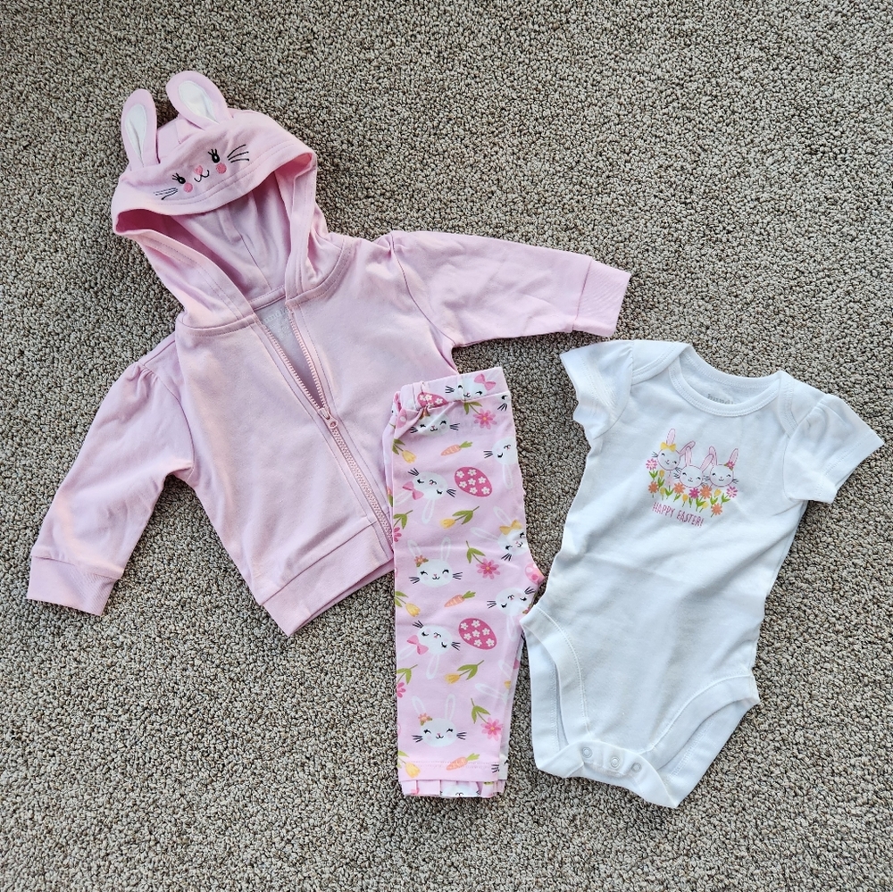NWT Baby Place 3-6 Month Pink & White Easter Onesie, Leggings, Sweatshirt Outfit